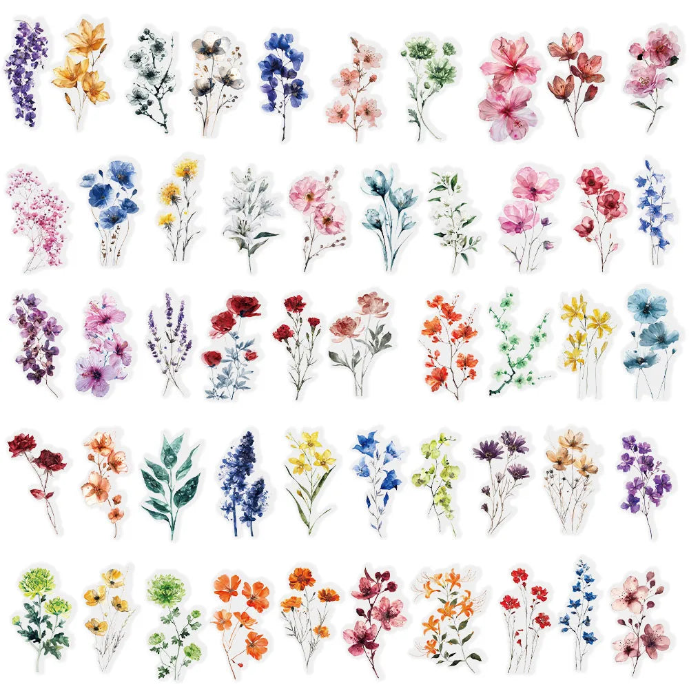 50PCS Ink Flower Sticker Pack Waterproof Transparent PET Brochure Flower Material Decorative Guitar Notebook Waterproof Stickers