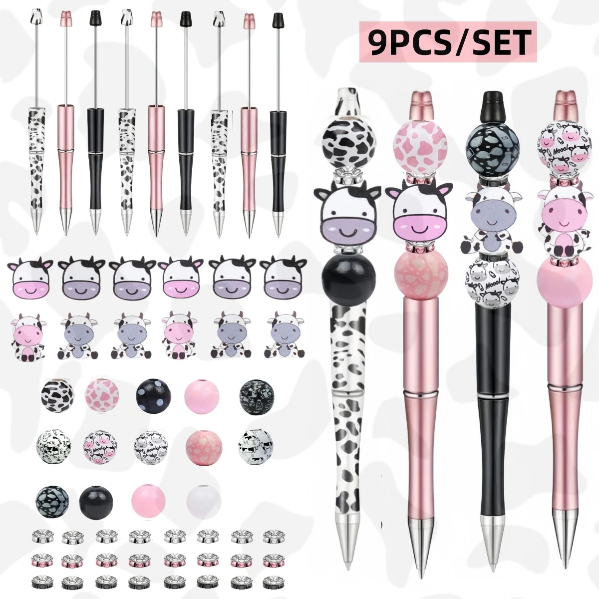 9 pcs  cute cow themed black ink DIY bead ballpoint pen and cute cow shaped wooden beads, glitter set, office and school supplie