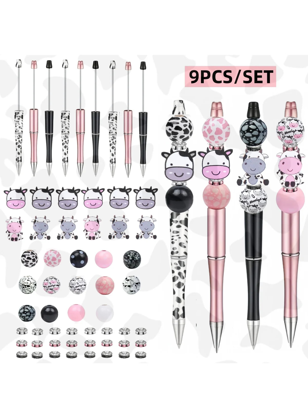 9 pcs  cute cow themed black ink DIY bead ballpoint pen and cute cow shaped wooden beads, glitter set, office and school supplie
