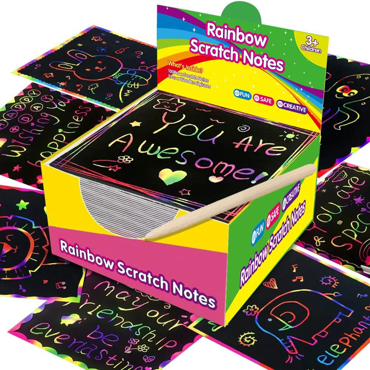 Bview Art 100Pcs Rainbow Scratch Art Paper Set Magic Drawing Notes with 2 Stylus Xmas Birthday Party Gift & Card