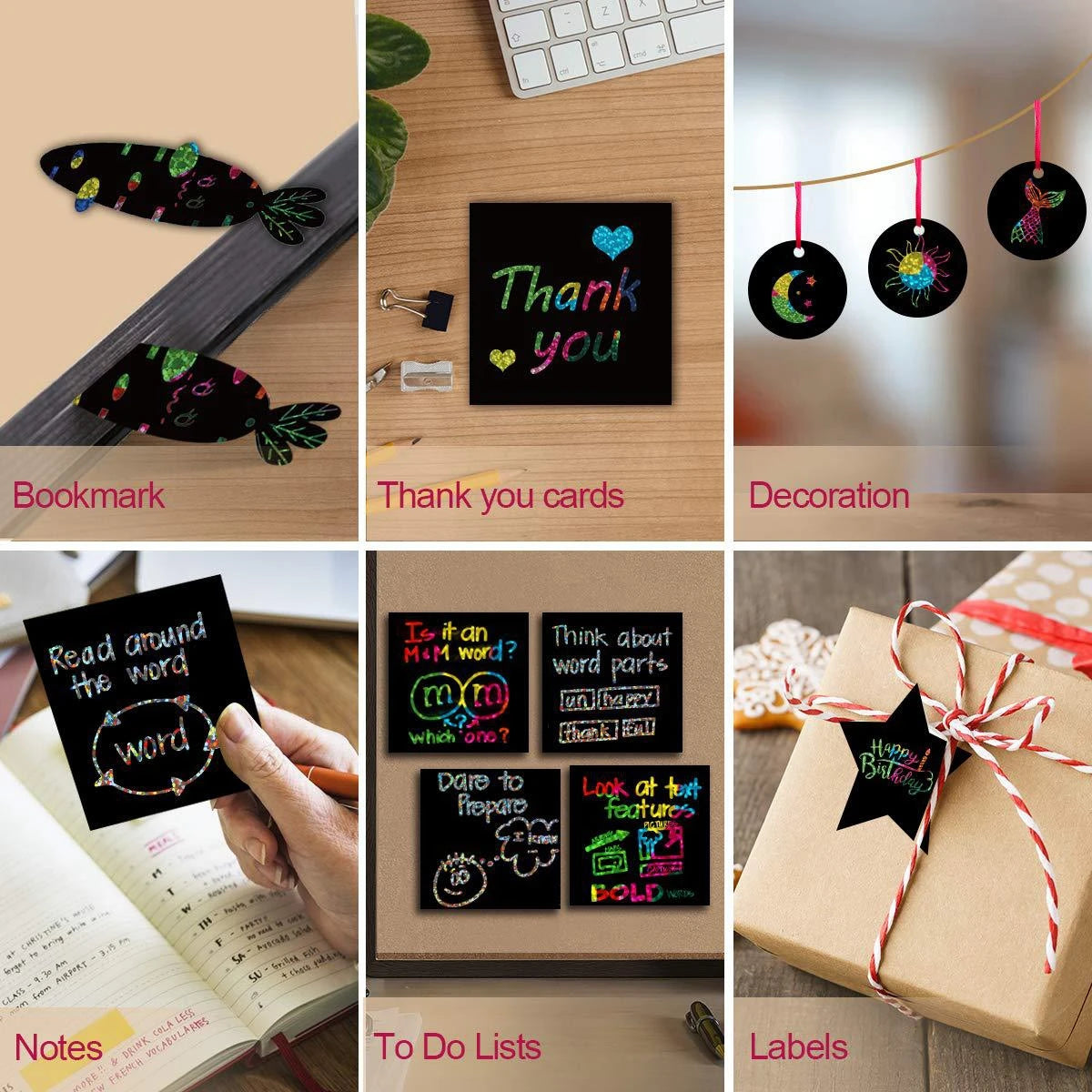 Bview Art 100Pcs Rainbow Scratch Art Paper Set Magic Drawing Notes with 2 Stylus Xmas Birthday Party Gift & Card